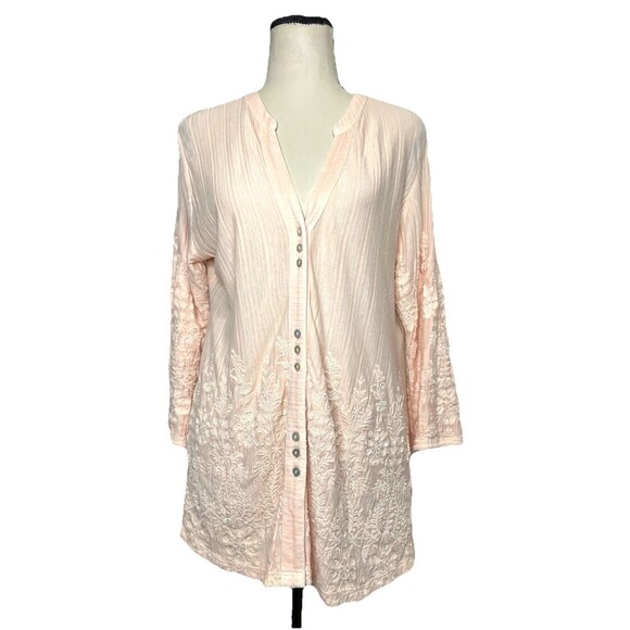 Soft Surroundings Pink Lace Emproidered Button‎ Front Lightweight Knit Blouse S - Picture 1 of 8